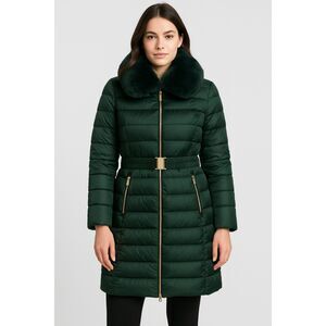 Michael Kors Green Longline Belted Puffer Coat Removable Faux Fur Collar Size M
